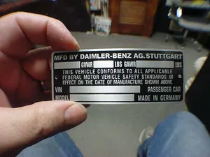 Daimler - Benz Mercedes Data Plate Acid Etched German built cars